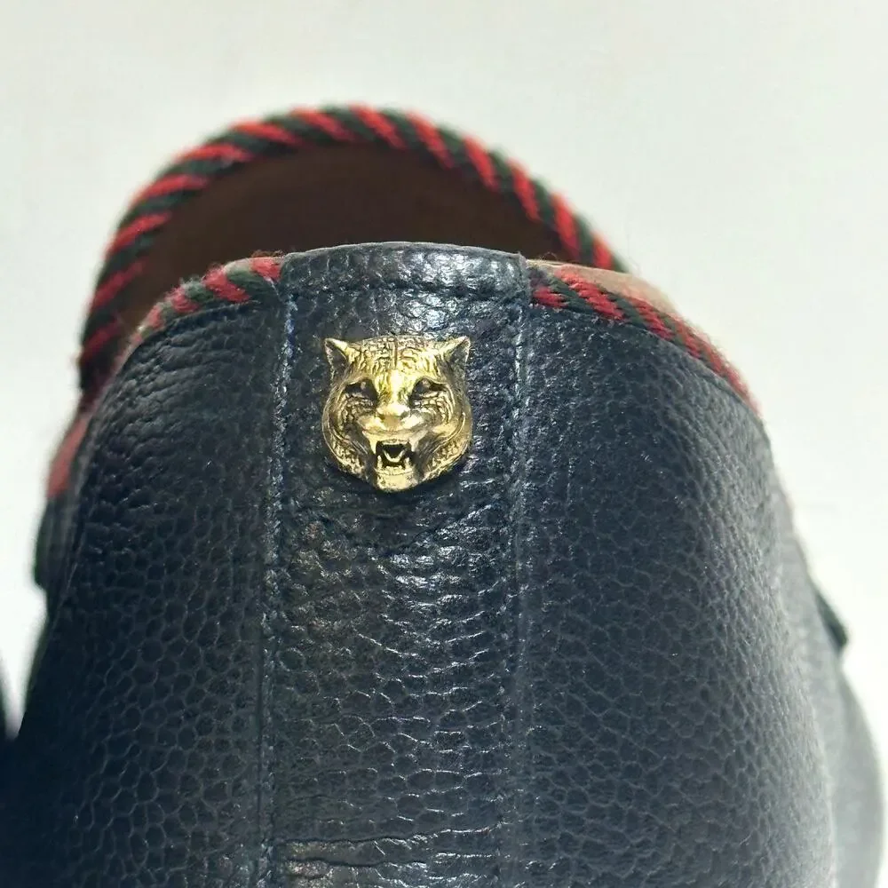 RESOLED Gucci Jordaan Penny Loafer Tiger Head Accent Black Pebbled UK 8 US 9 D